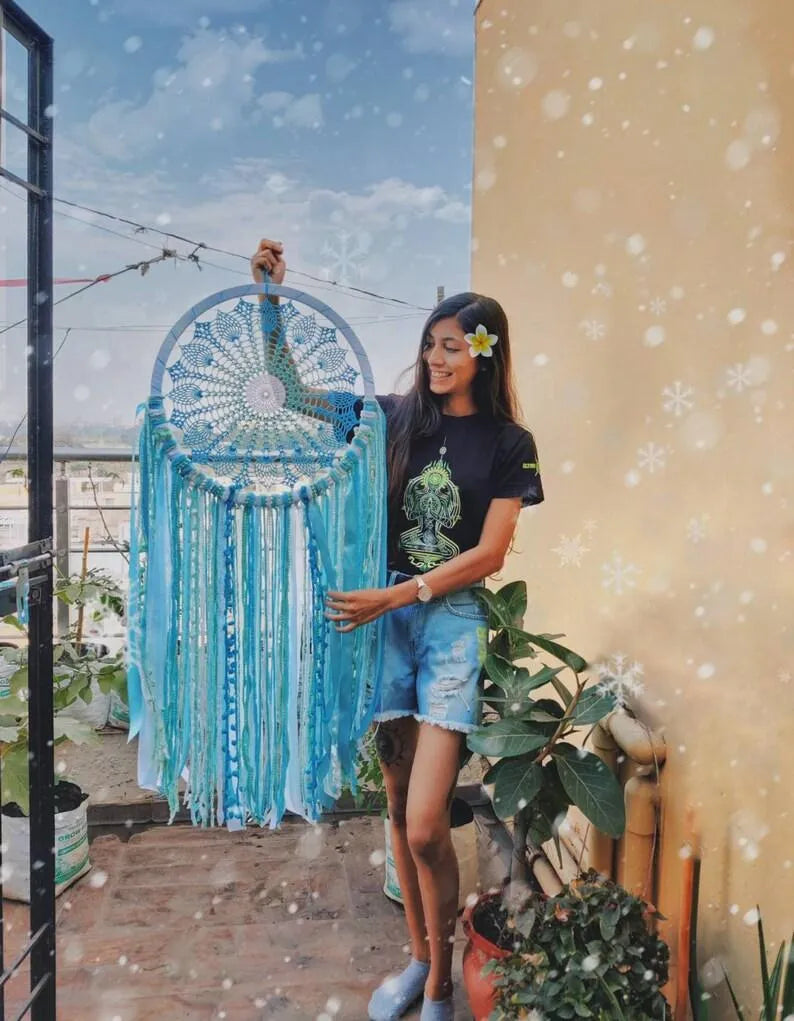 18" shades of blue crochet dreamcatcher - Dare To Dream