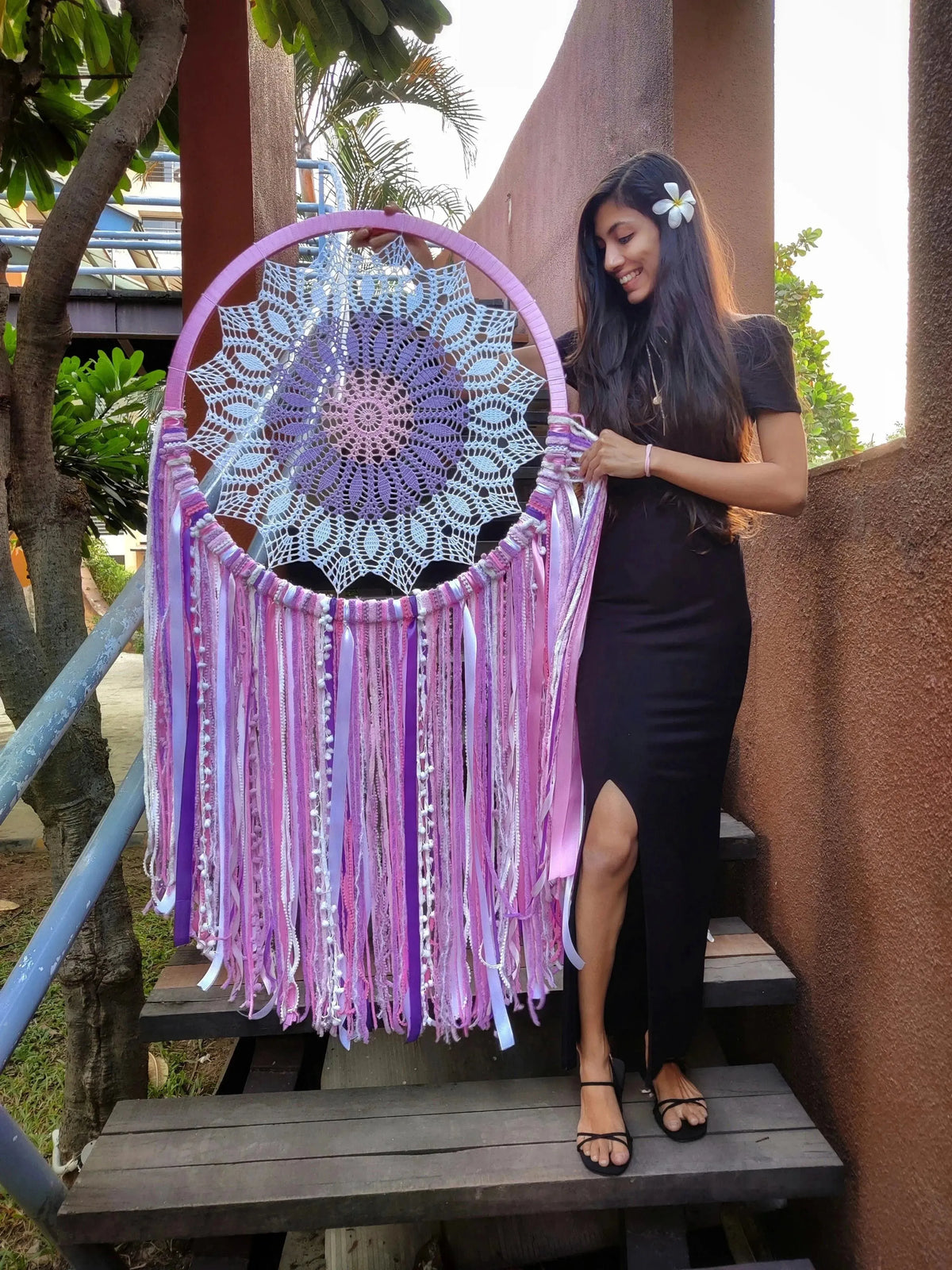 27" Pink Flower Crochet Dreamcatcher - Dare To Dream
