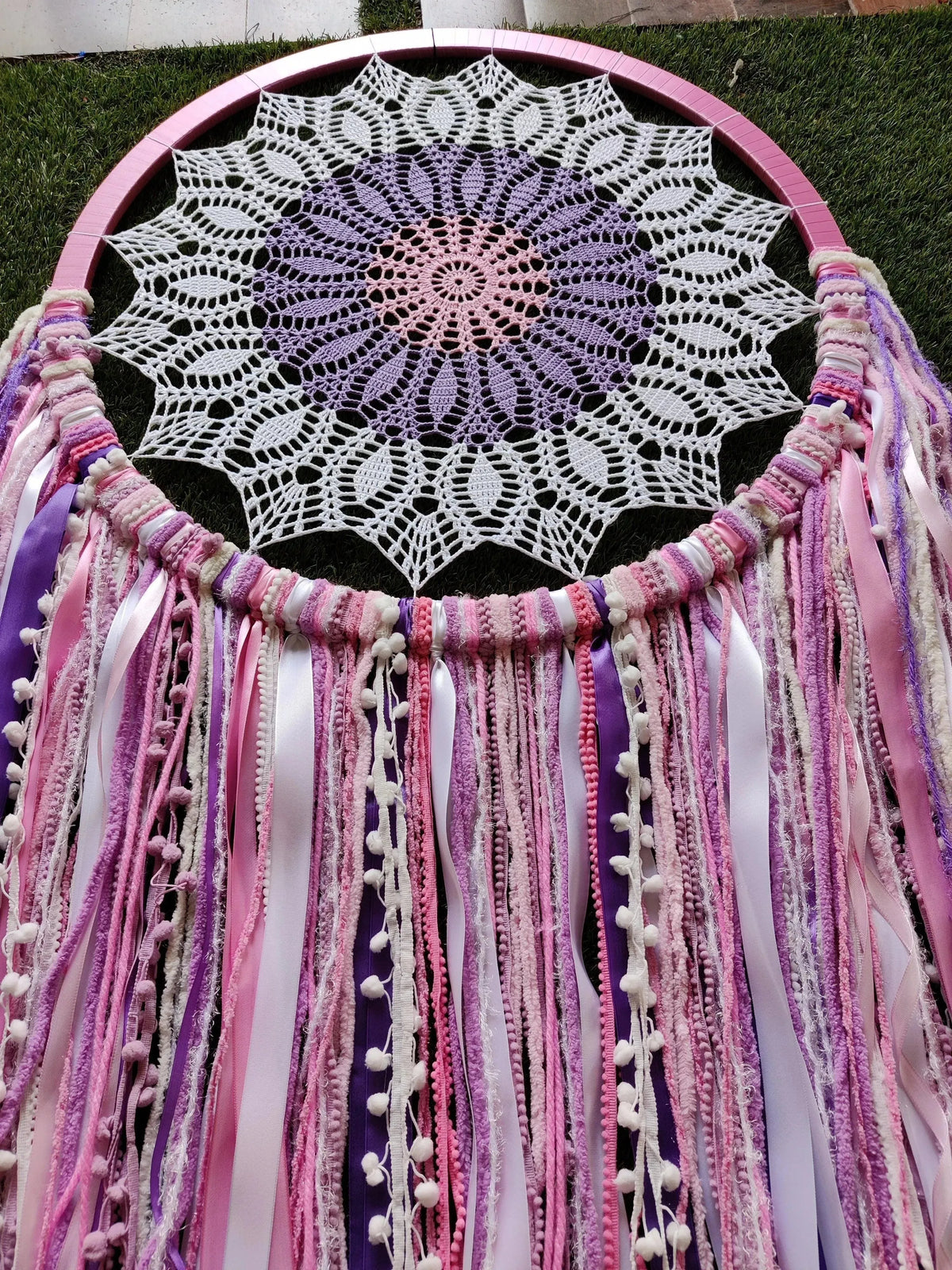 27" Pink Flower Crochet Dreamcatcher - Dare To Dream