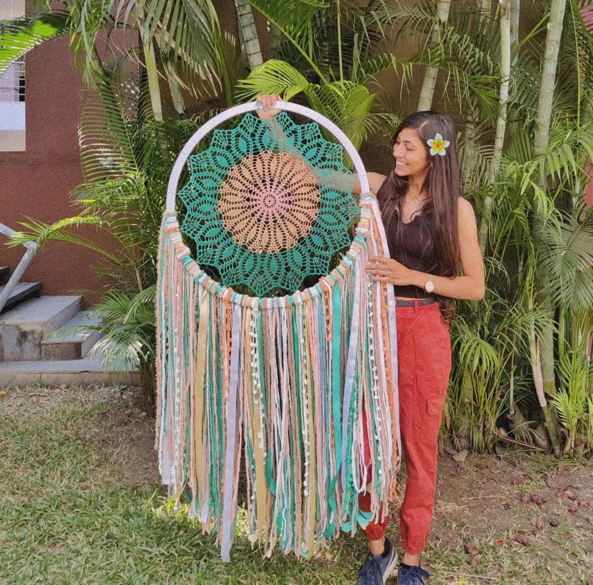 27" Teal Flower Crochet Dreamcatcher - Dare To Dream